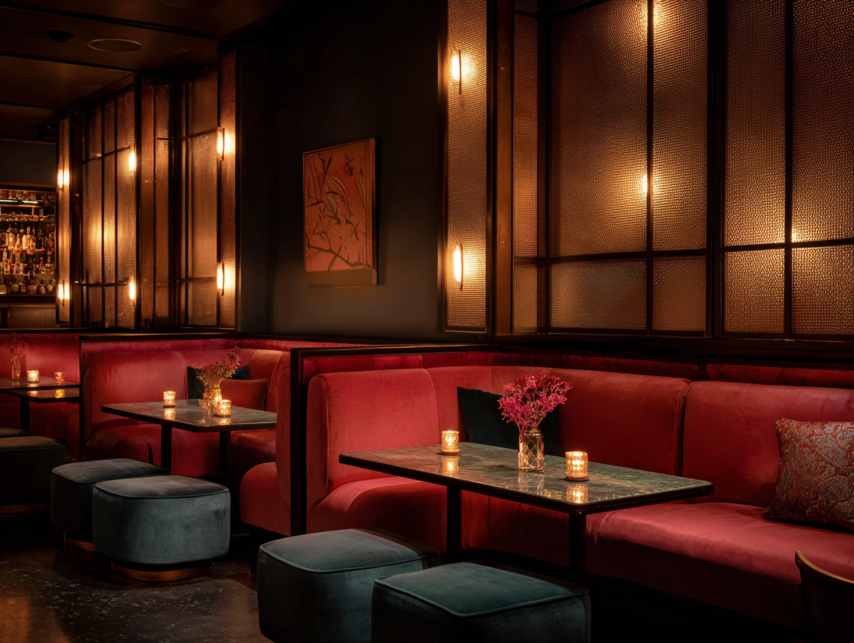 Stylish bar lounge with velvet seating and sound-absorbing wall panels